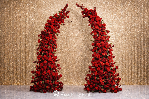 Red rose split arch on gold sequin