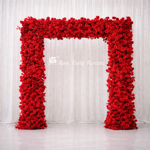 Red rose square arch on white sequin