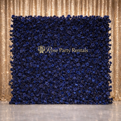 Deep navy blue rose flower wall on gold sequin