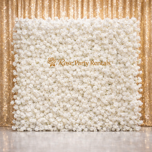 White rose flower wall on gold sequin