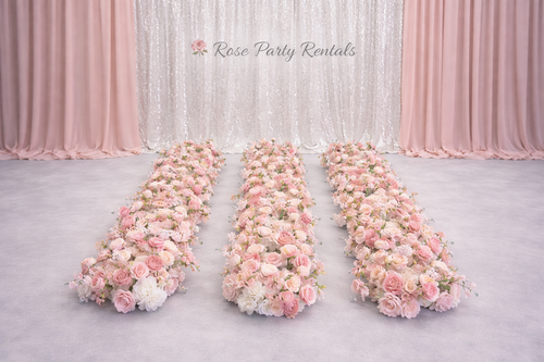 Blush pink floral runners on champagne sequin