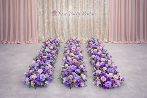 Purple and lavender floral runners on champagne